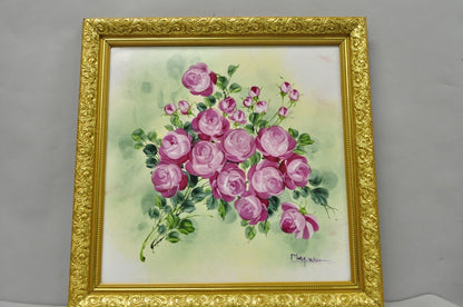 Mary Wilson French Hand Painted Porcelain Plaque Pink Rose Flower Painting (A)