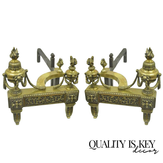 Antique French Louis XVI Style Urn Flame Brass Bronze Ormolu Andirons - a Pair