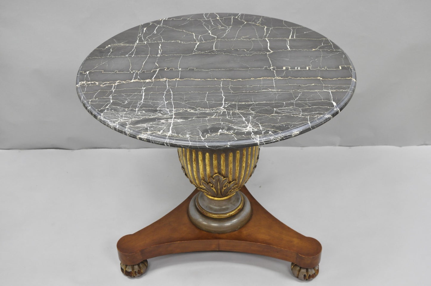 Vintage Italian Neoclassical Style Urn Pedestal Round Marble Side Tables - Pair