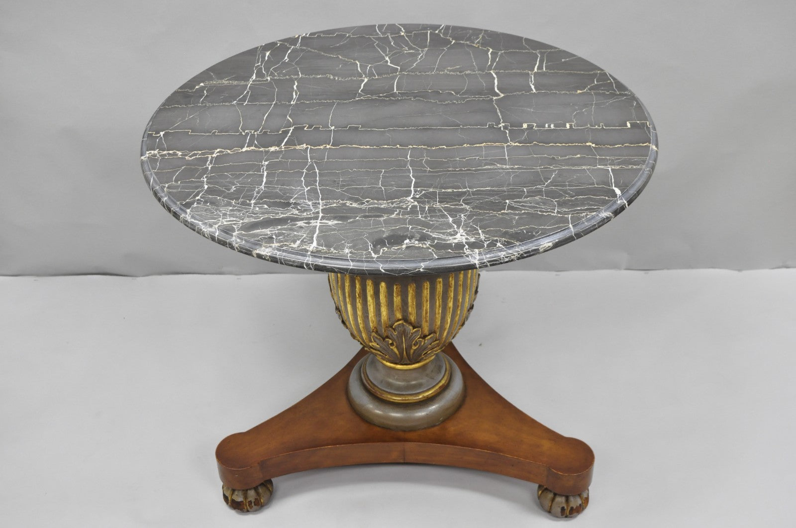 Vintage Italian Neoclassical Style Urn Pedestal Round Marble Side Tables - Pair
