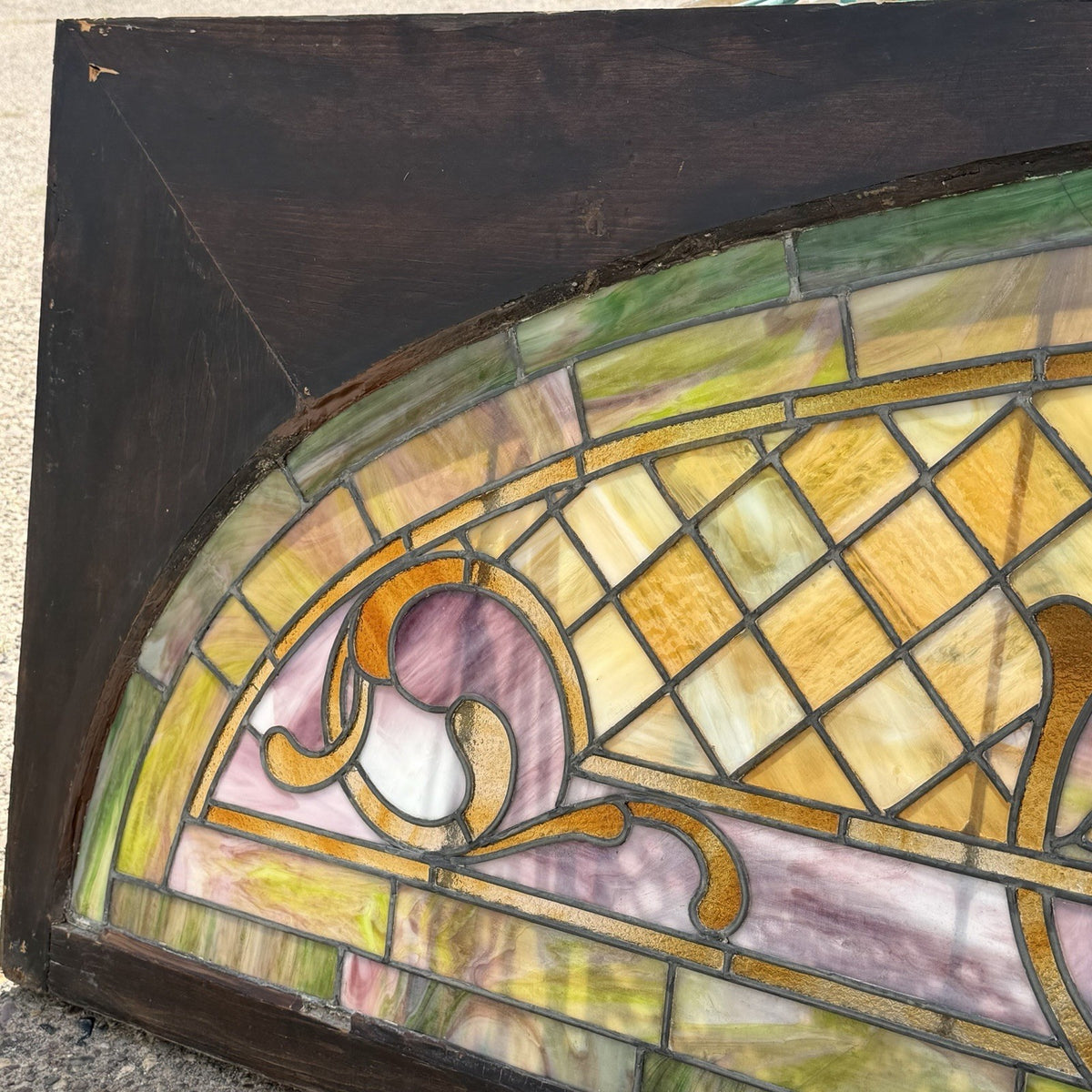 Antique Art Nouveau Colored Stained Glass Fruit 27 x 75 Arched Transom Window, A