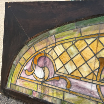 Antique Art Nouveau Colored Stained Glass Fruit 27 x 75 Arched Transom Window, A