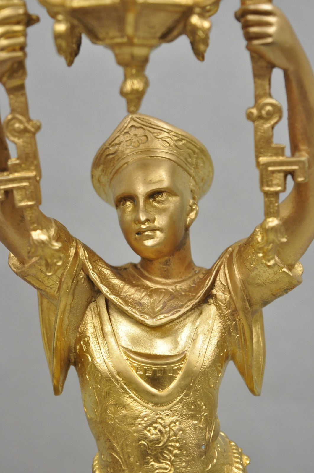 Antique Orientalist Gold Gilt Bronze Figural Male and Female Candlesticks - Pair