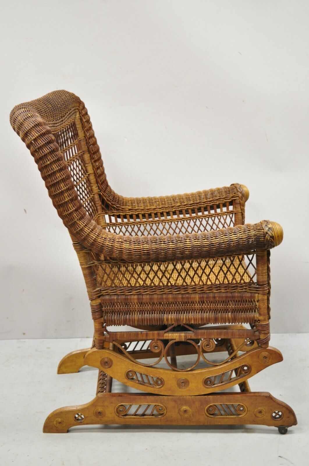 Antique Heywood Wakefield Woven Wicker Victorian Platform Rocker Rocking Chair