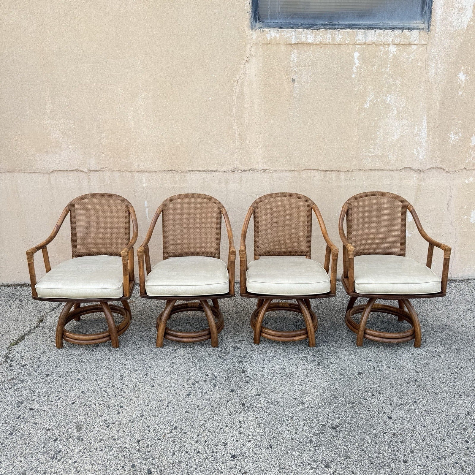 Vintage Hollywood Regency Bentwood Rattan Bamboo Swivel Chair Dining Set - 5 Pcs