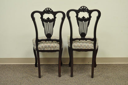 Antique Victorian Carved Mahogany Lyre Back Small Accent Side Chairs - a Pair
