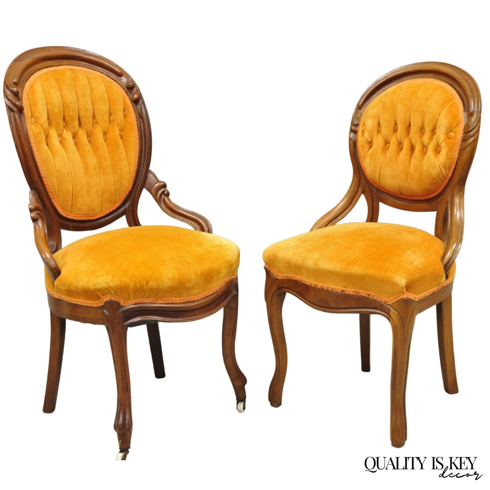 Antique Eastlake Victorian Carved Walnut Orange Parlor Side Chairs - a Pair