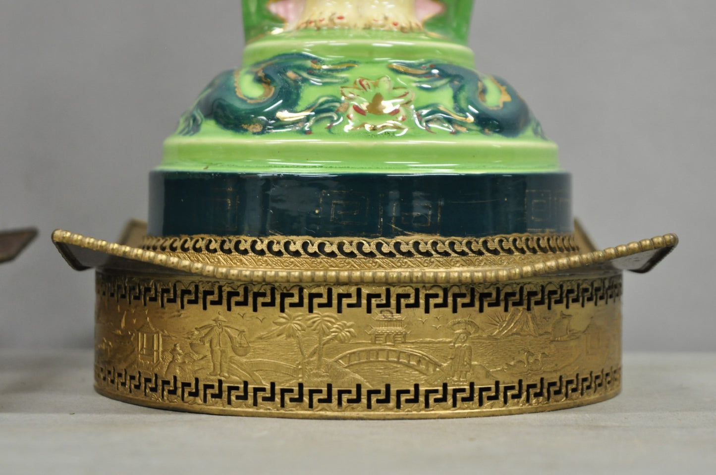 Vintage Art Deco Japanese Figural Green Porcelain Man & Women Table Lamps - Pair