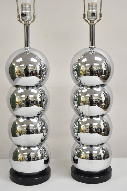 George Kovacs Mid Century Modern Chrome 4 Stacked Ball Table Lamps - a Pair