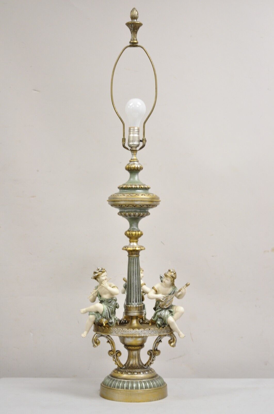 Vintage French Victorian Renaissance Figural Cherub Musician Metal Table Lamp