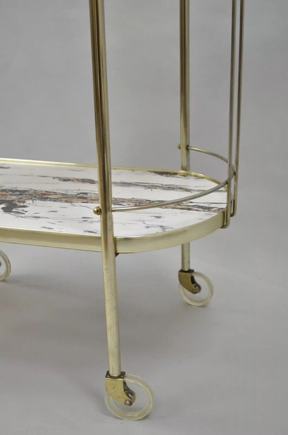 Vintage Mid Century Modern Brass Rolling Bar Tea Cart Laminate Faux Marble