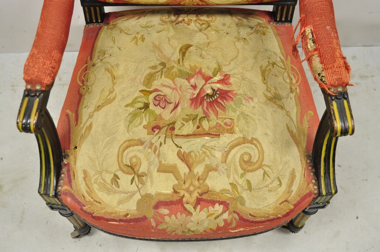 Antique French Empire Black Ebonized Walnut Needlepoint Parlor Arm Chair