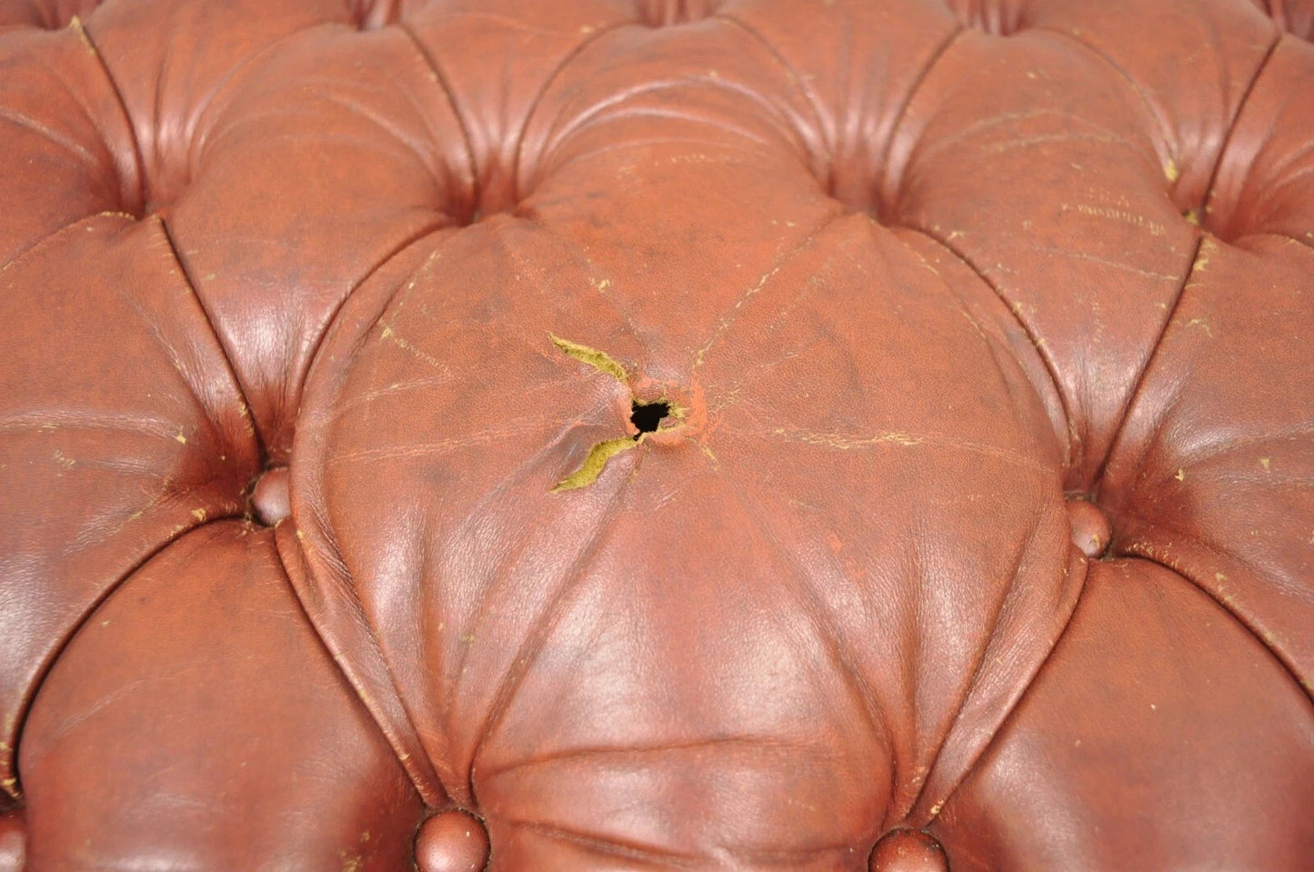 Vintage English Chesterfield Queen Anne Brown Leather Tufted Ottoman Footstool