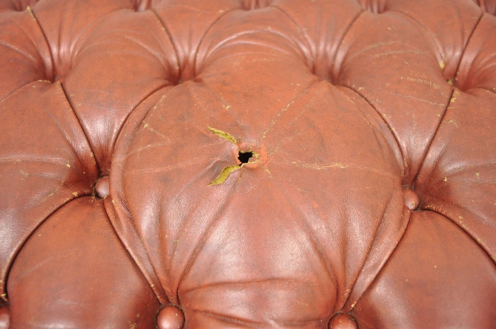 Vintage English Chesterfield Queen Anne Brown Leather Tufted Ottoman Footstool