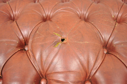 Vintage English Chesterfield Queen Anne Brown Leather Tufted Ottoman Footstool