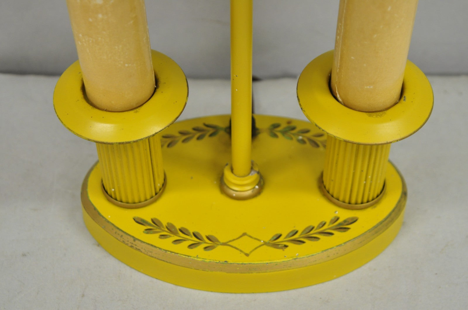 French Country Yellow Painted Tole Metal Bouillotte Candlestick Table Lamp