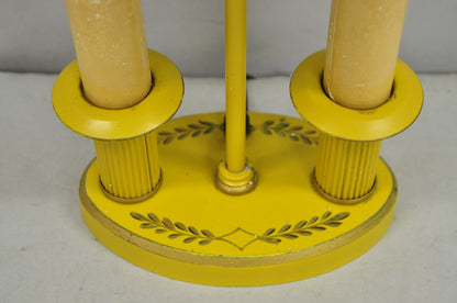 French Country Yellow Painted Tole Metal Bouillotte Candlestick Table Lamp