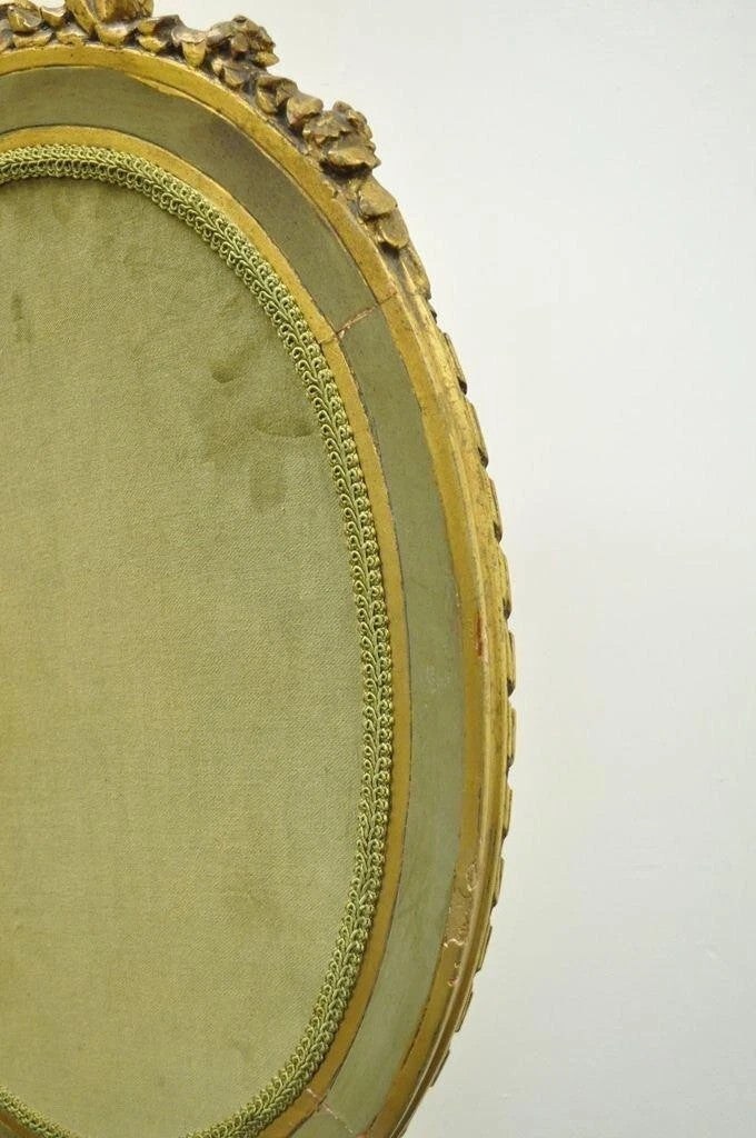 Antique French Louis XVI XV Carved Giltwood Green & Gold Oval Fireplace Screen