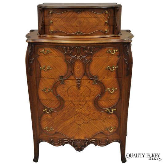 Antique French Louis XV Carved Walnut Satinwood Inlay Highboy Tall Chest Dresser