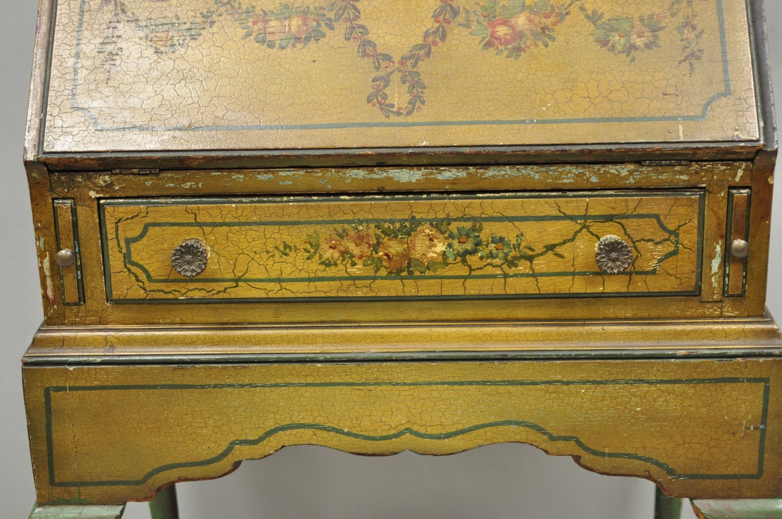Antique English Adams Style Distress Hand Painted Narrow Secretary Writing Desk