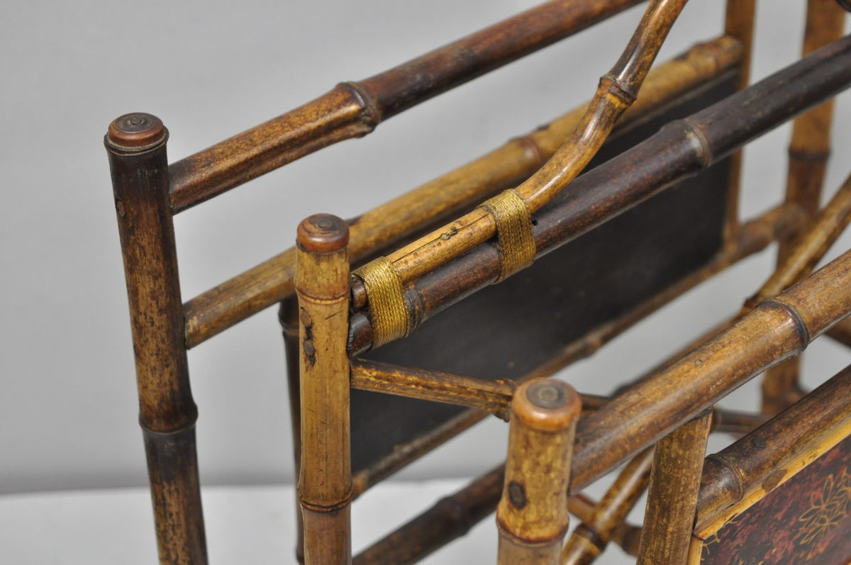 Antique English Victorian Bamboo Fretwork Canterbury Magazine Rack Stand