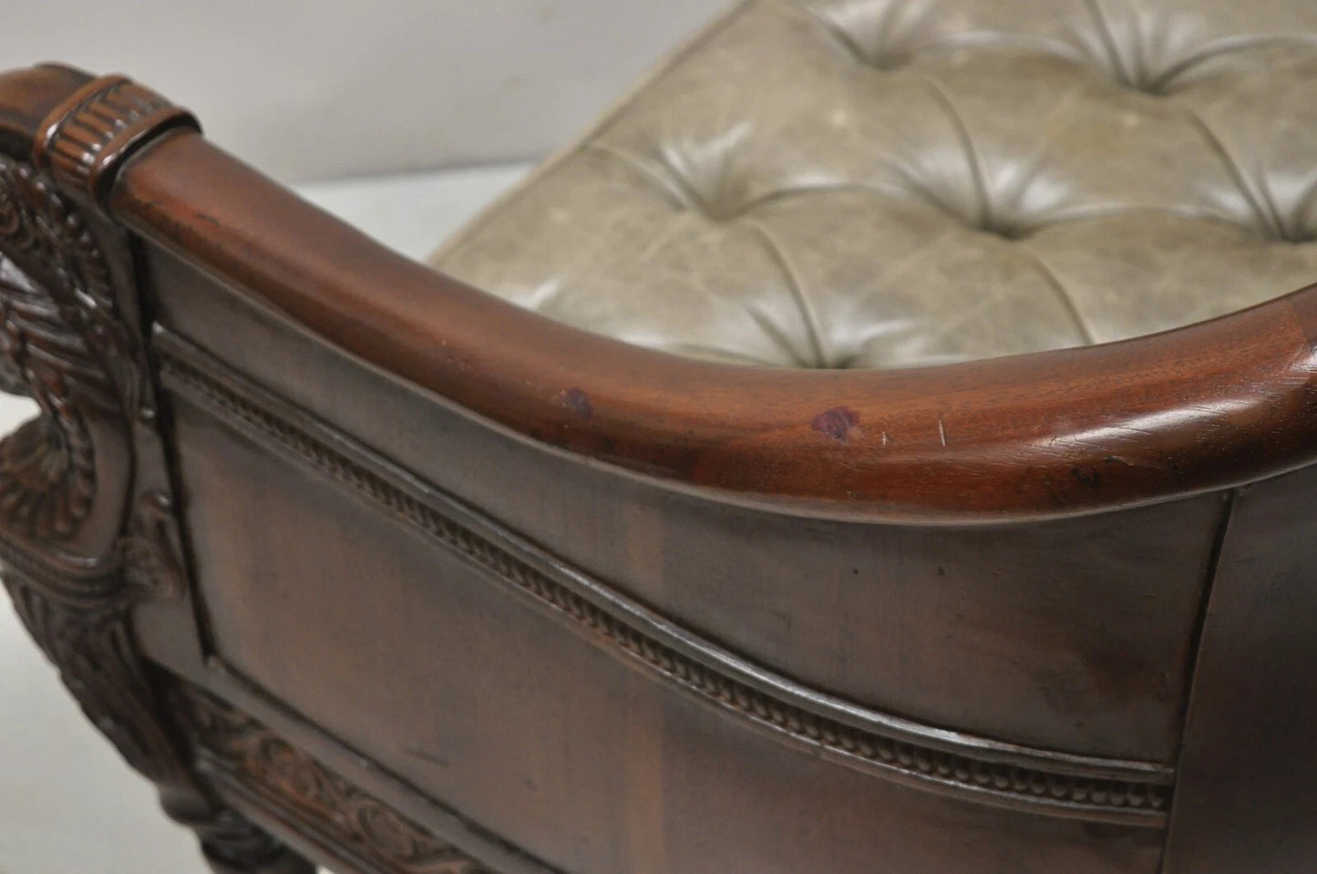 Baker Stately Homes Regency Style Grey Leather Lions Head Pull Up Tub Club Chair