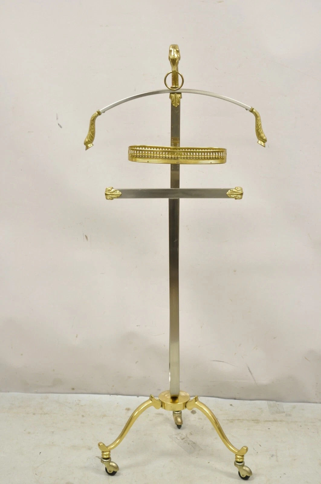 Vintage Italian Maison Jansen Style Brass & Steel Rams Head Suit Clothing Valet