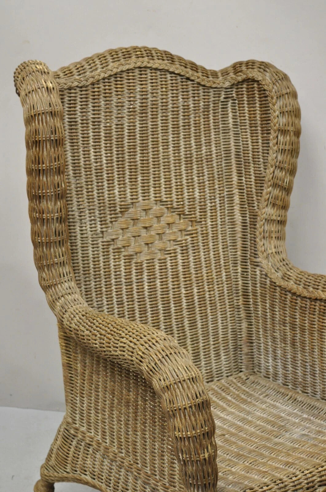 Vintage Victorian Style Large Woven Wicker Rattan Wingback Lounge Arm Chair