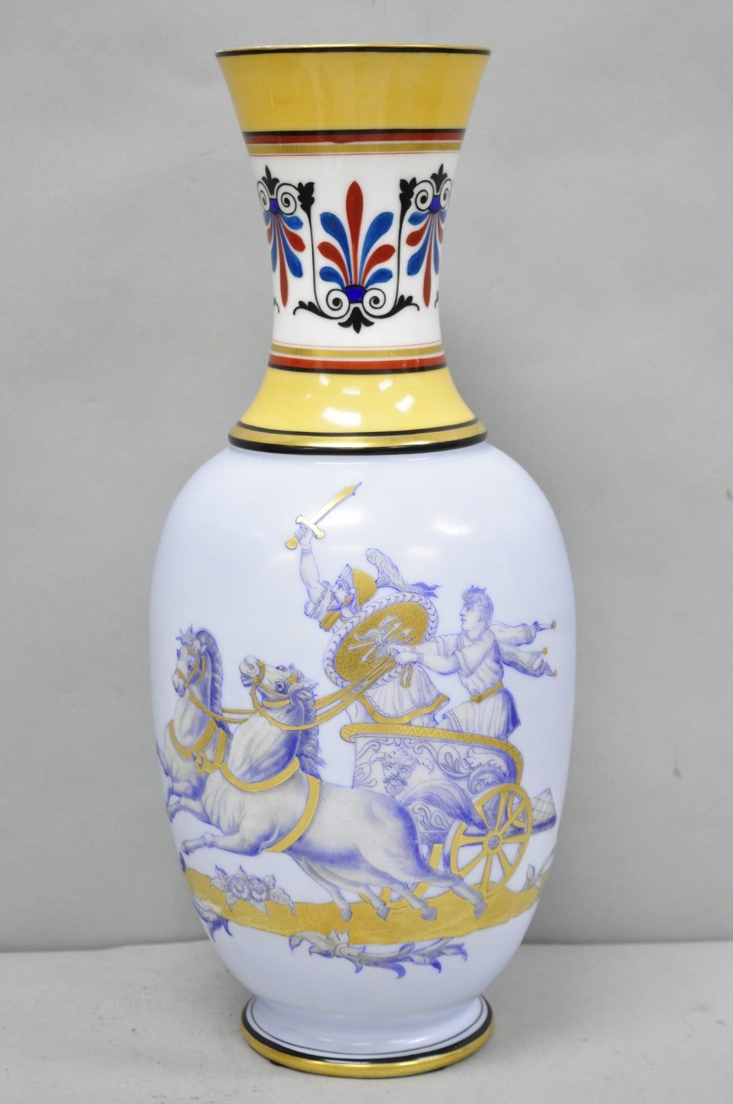 Vintage Greco Roman Classical Style Light Blue Porcelain Horse & Chariot Vase