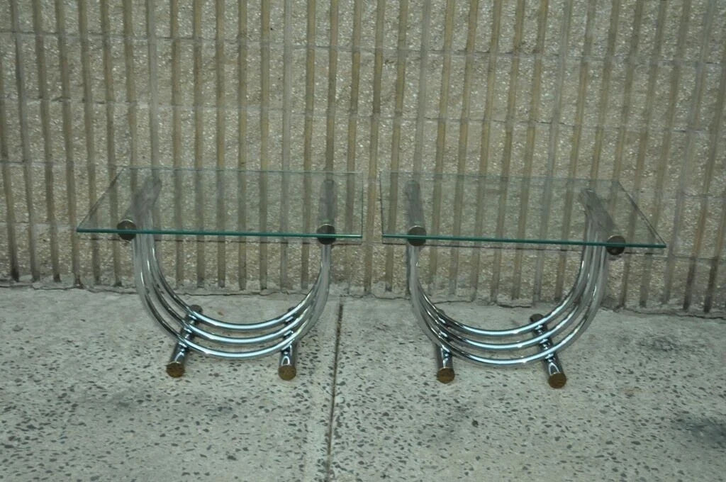 Vintage Mid Century Modern Romeo Rega Style Chrome Arch Side End Tables - a Pair