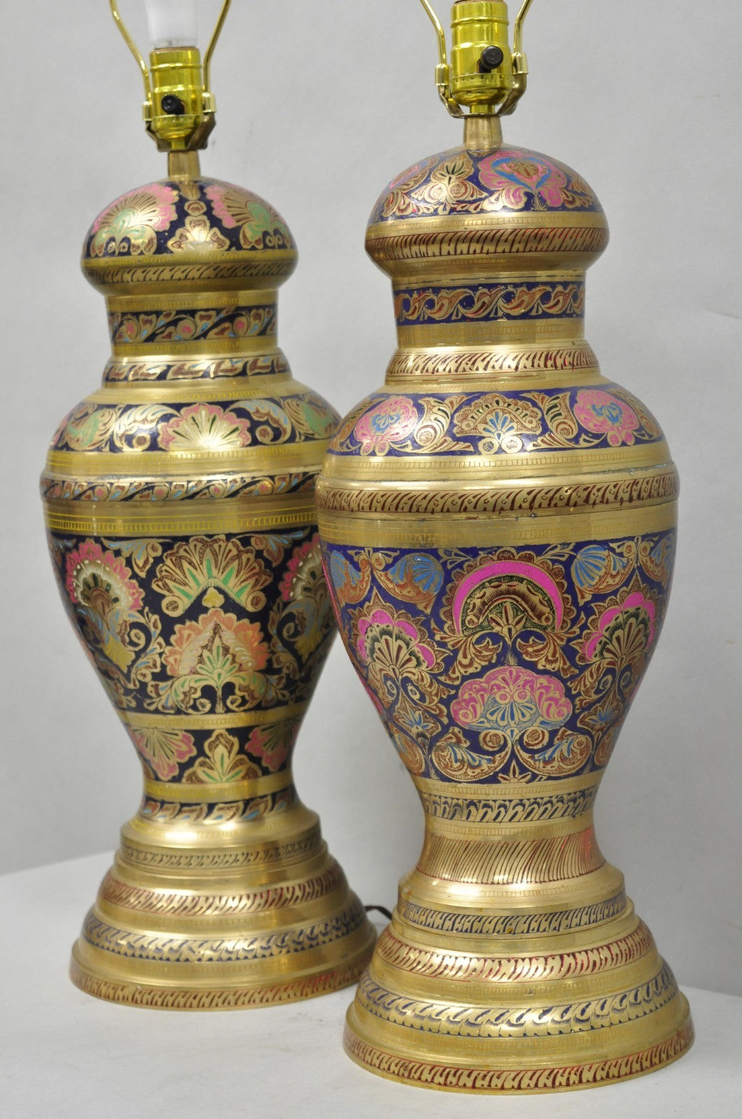 Vintage Brass & Cloisonné Enamel Pink & Blue Jardiniere Urn Table Lamps - Pair