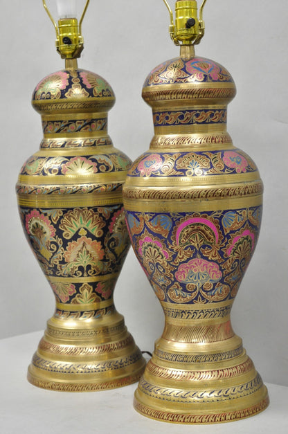 Vintage Brass & Cloisonné Enamel Pink & Blue Jardiniere Urn Table Lamps - Pair