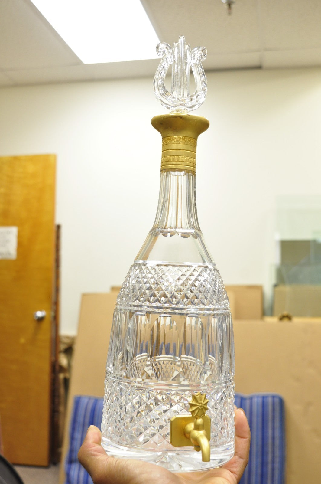 Vintage French Baccarat Style Bronze Swan & Cut Crystal Glass Liquor Decanter