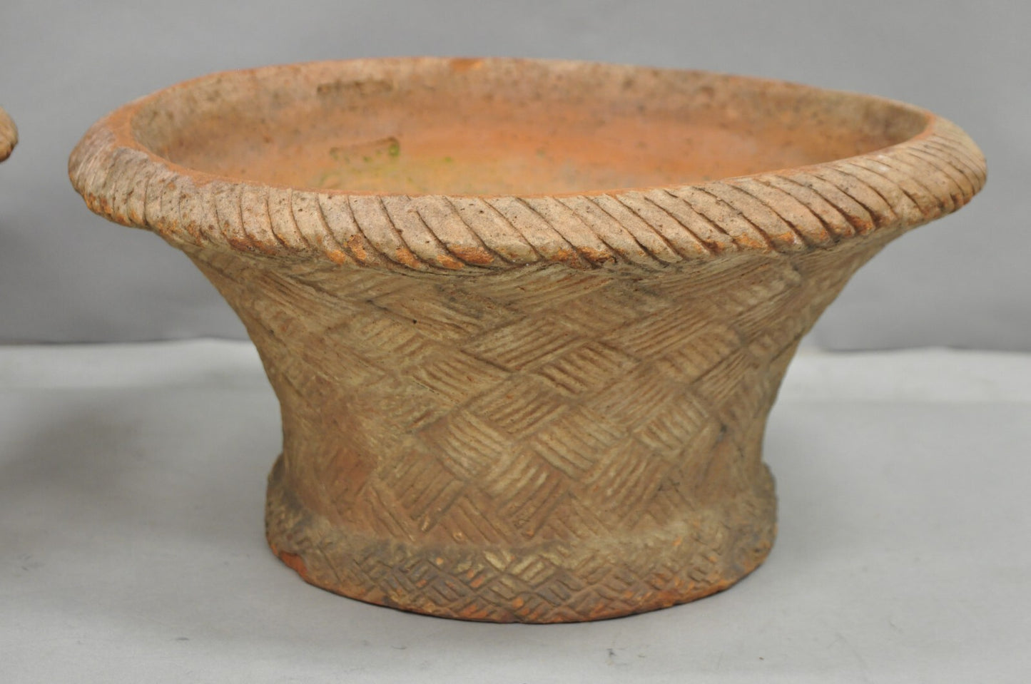 Vintage Carbone Terracotta Pottery Basket Weave 16" Garden Planter Pot - a Pair