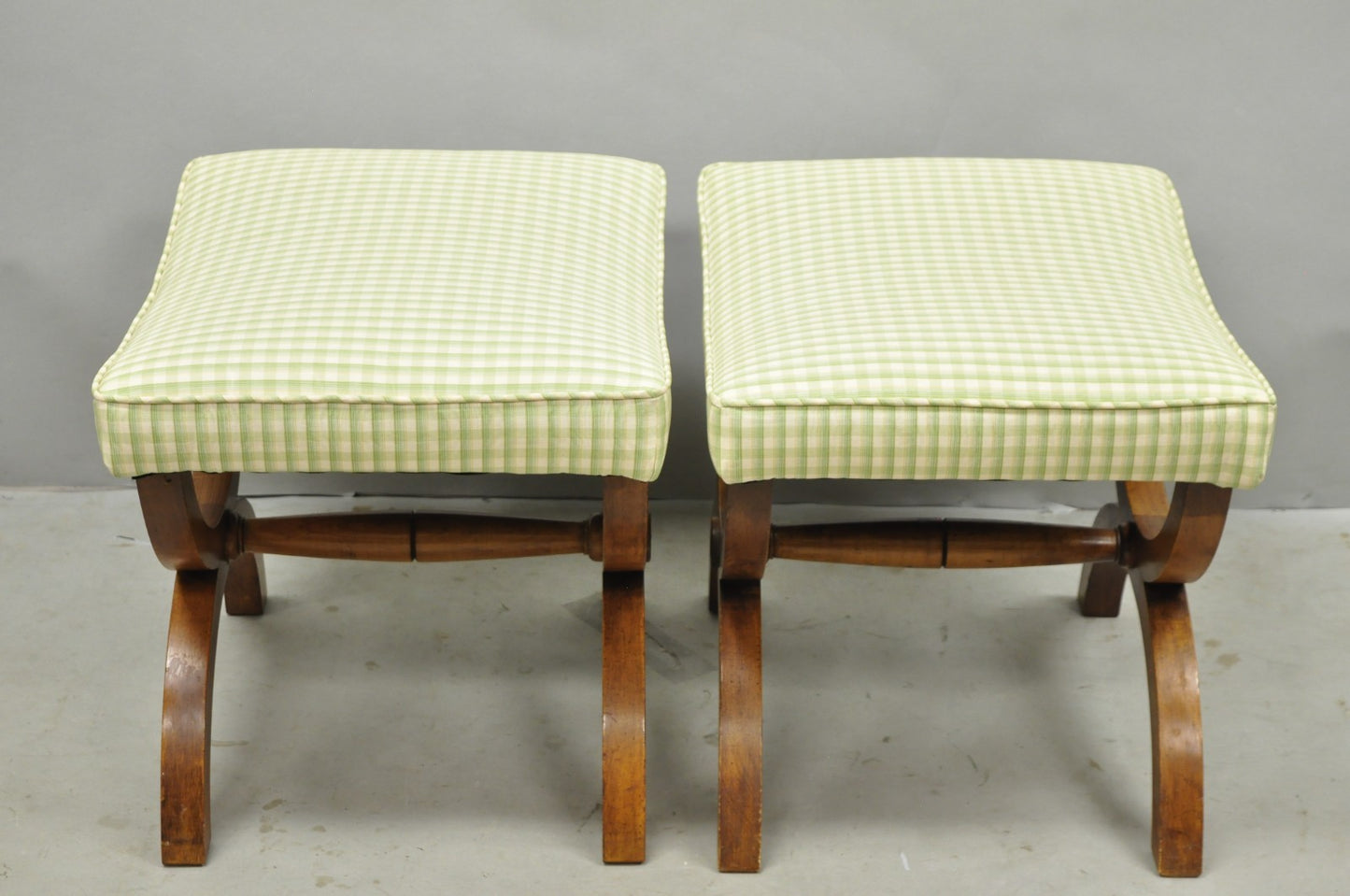 Vintage Italian Neoclassical Style Walnut Wood Curule X-Form Stool - a Pair