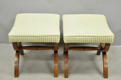Vintage Italian Neoclassical Style Walnut Wood Curule X-Form Stool - a Pair