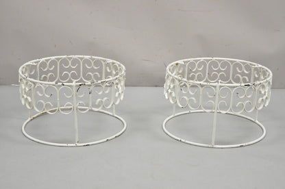 Arthur Umanoff Wrought Iron Scroll Low Round Glass Top Side Tables - a Pair