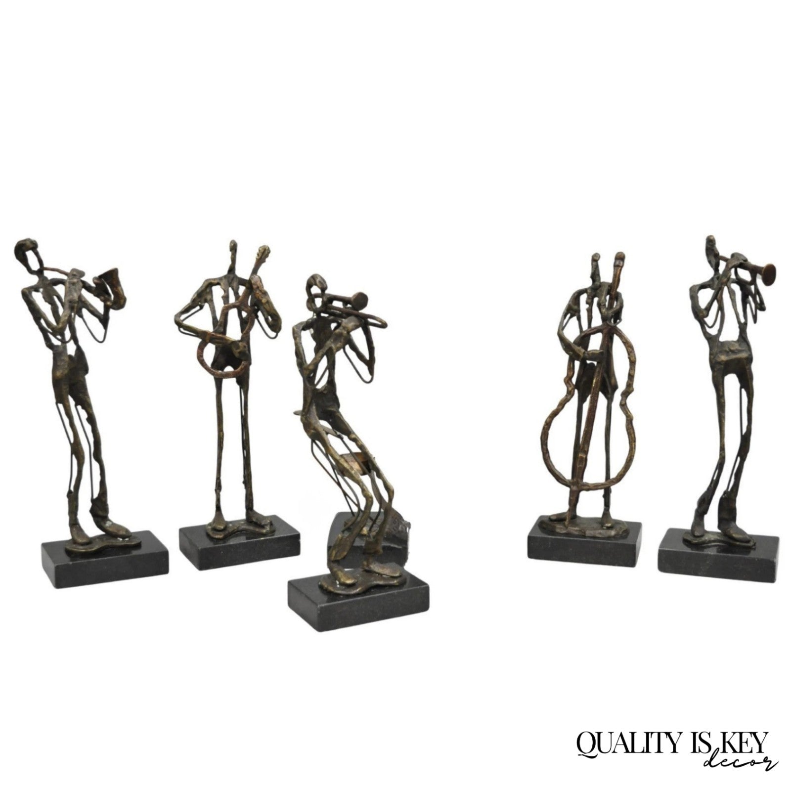 Contemporary Brutalist Style Bronze & Marble Jazz Musician Band Figures 5 Pc Set
