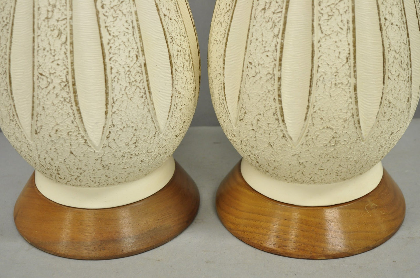 Vintage Mid Century Modern Sculpted White Ceramic & Teak Wood Table Lamps - Pair