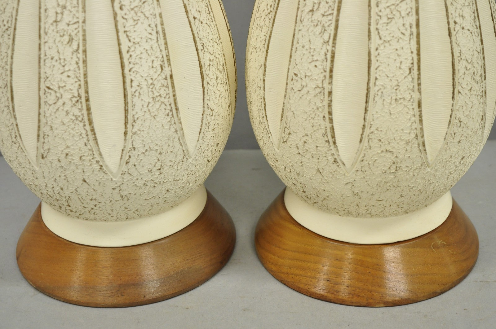 Vintage Mid Century Modern Sculpted White Ceramic & Teak Wood Table Lamps - Pair