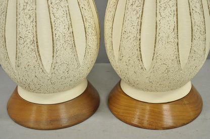 Vintage Mid Century Modern Sculpted White Ceramic & Teak Wood Table Lamps - Pair
