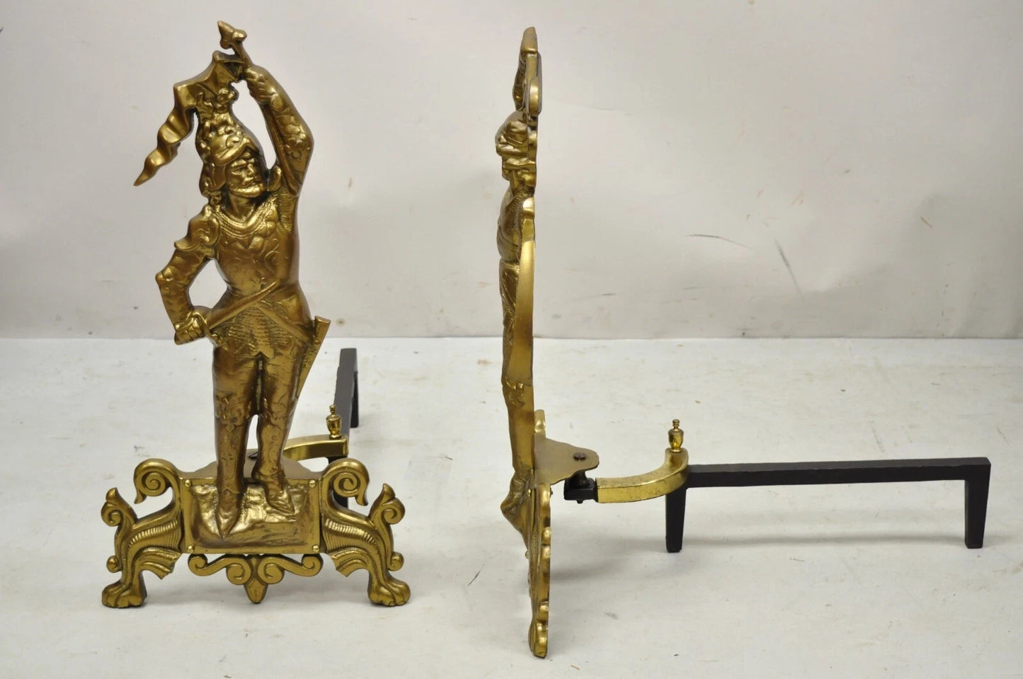 Vintage Renaissance Brass Figural Soldier Warrior Fireplace Andirons - a Pair