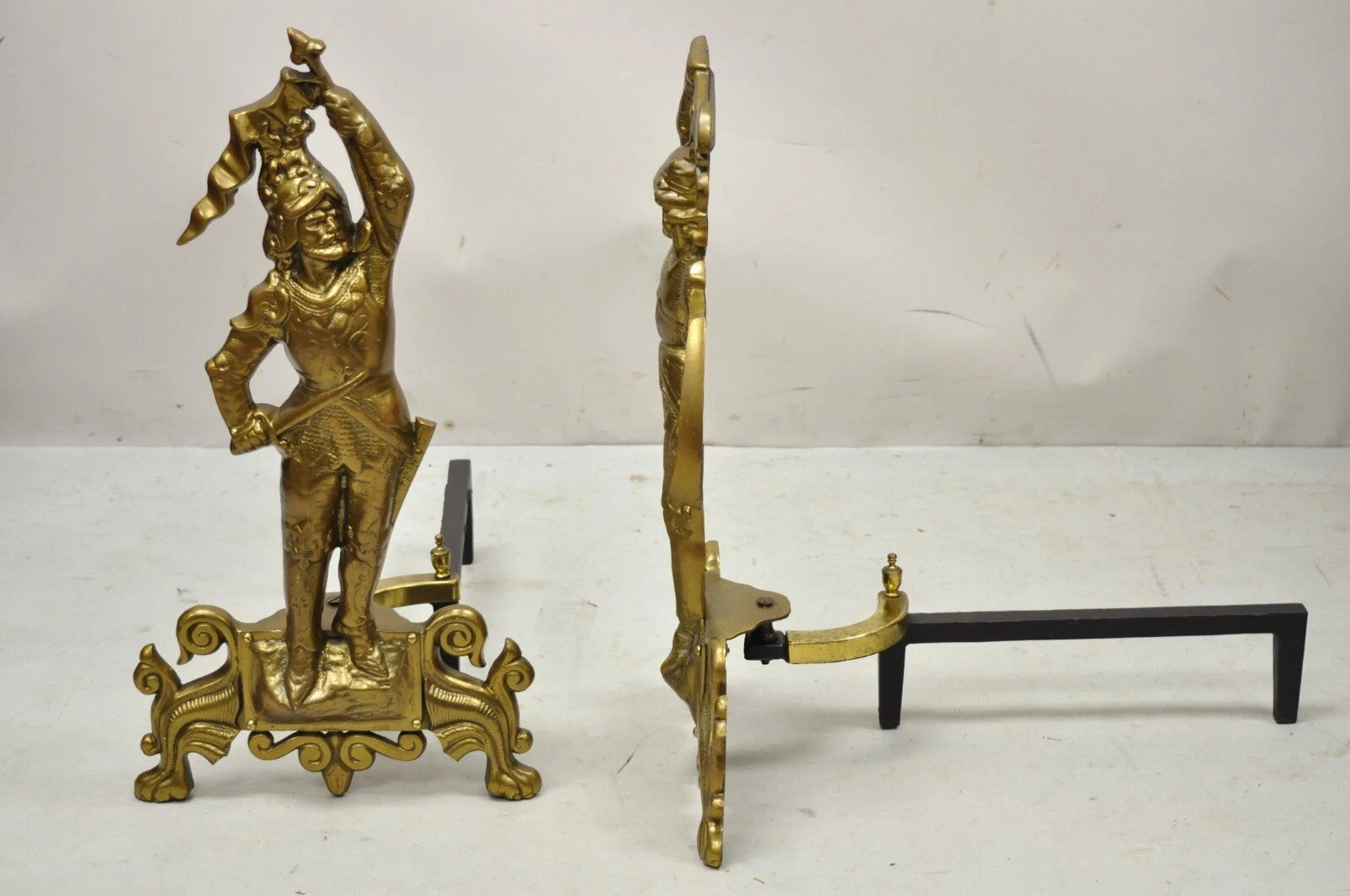 Vintage Renaissance Brass Figural Soldier Warrior Fireplace Andirons - a Pair