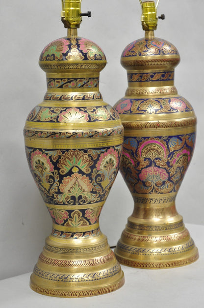 Vintage Brass & Cloisonné Enamel Pink & Blue Jardiniere Urn Table Lamps - Pair