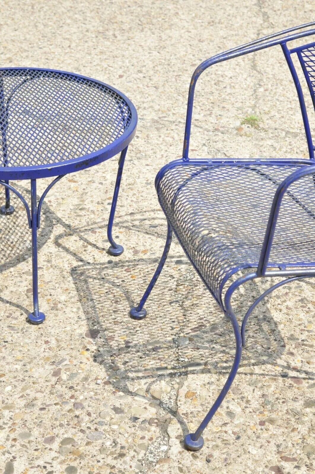 Woodard Rose Pattern Blue Wrought Iron Barrel Back Garden Chair Table - 3 Pc Set