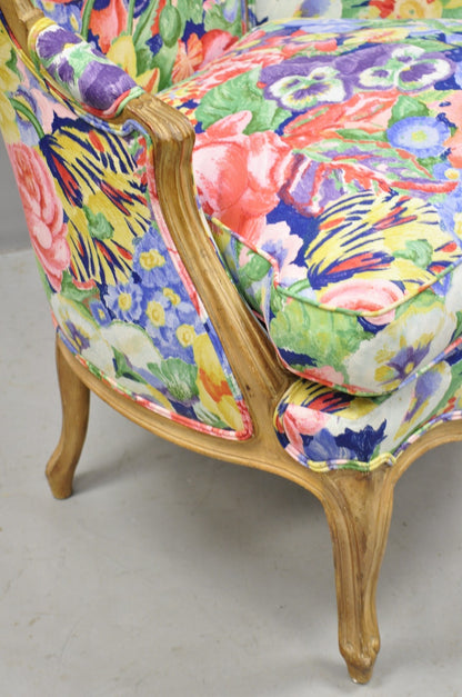 Vintage French Louis XV Country Provincial Floral Chintz Bergere Lounge Chair