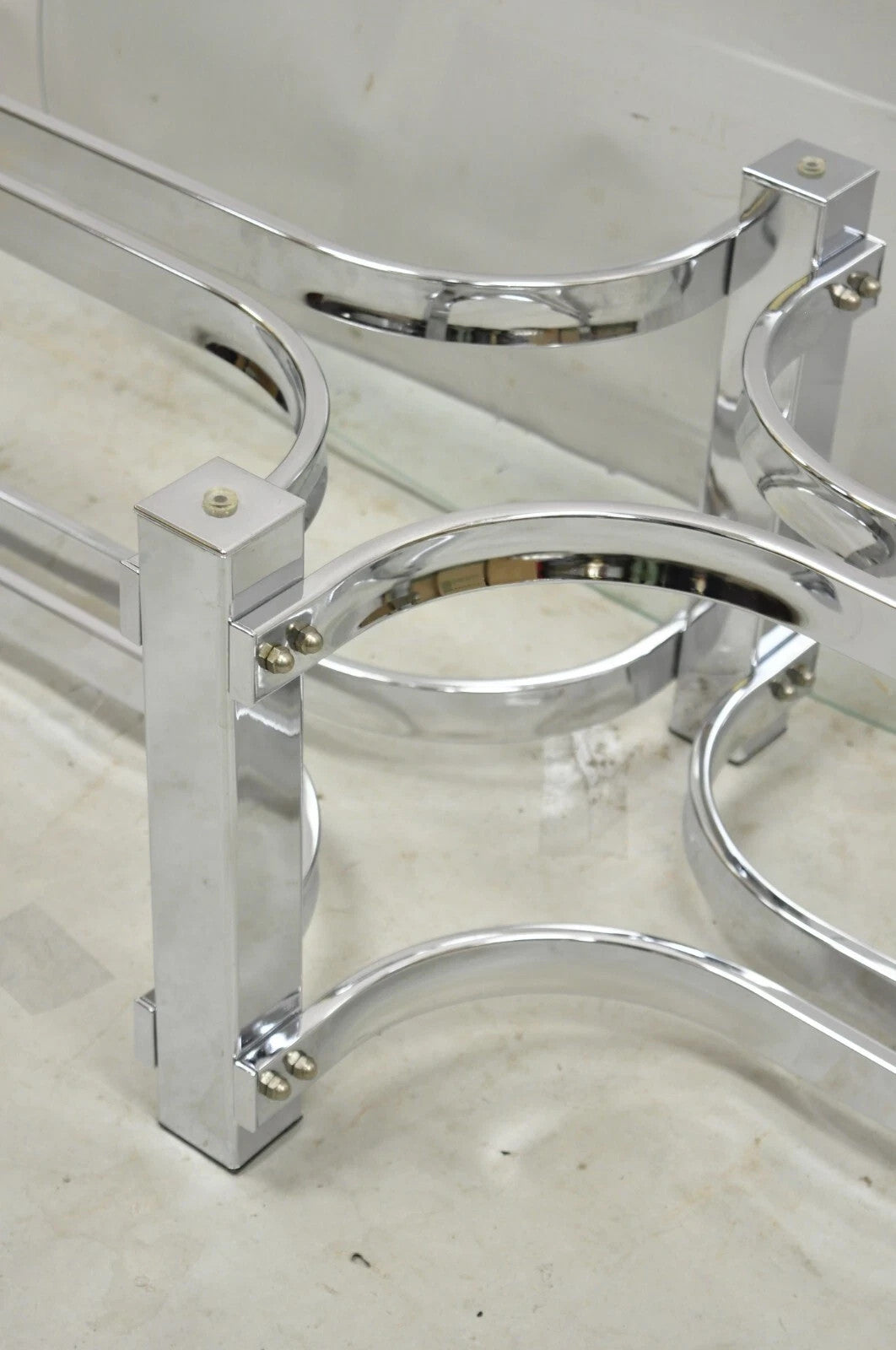Vintage Mid Century Modern Oval Glass Top Sculptural Chrome Frame Coffee Table