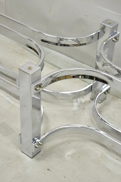 Vintage Mid Century Modern Oval Glass Top Sculptural Chrome Frame Coffee Table