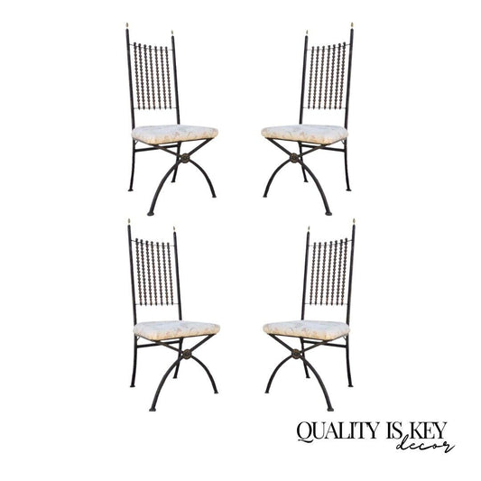 Hollywood Regency Wood Ball Abacus Wrought Iron Curule Dining Chairs - Set of 4