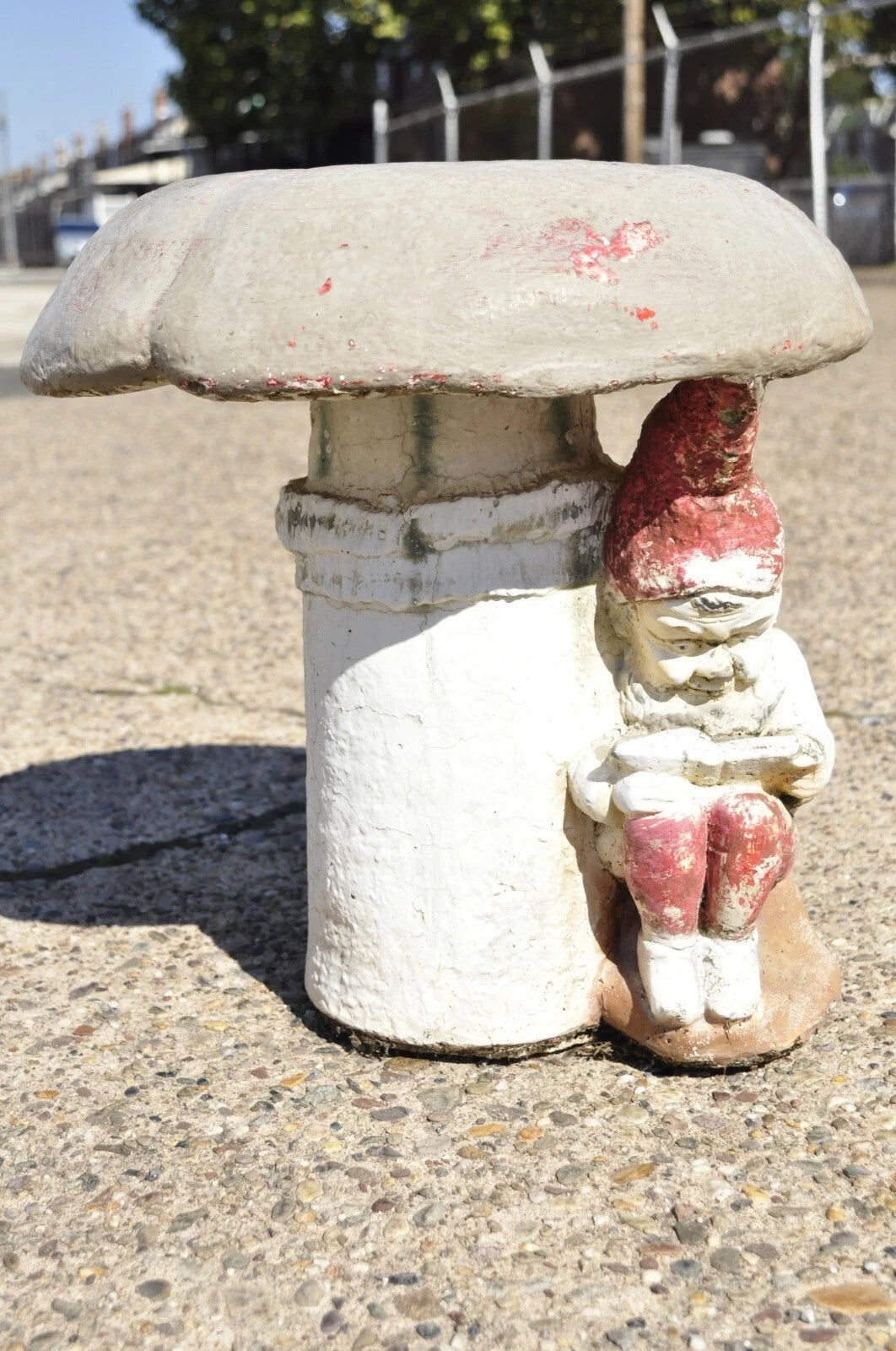 Vintage MCM Figural Elf under Mushroom Cement Concrete Garden Stool Seat